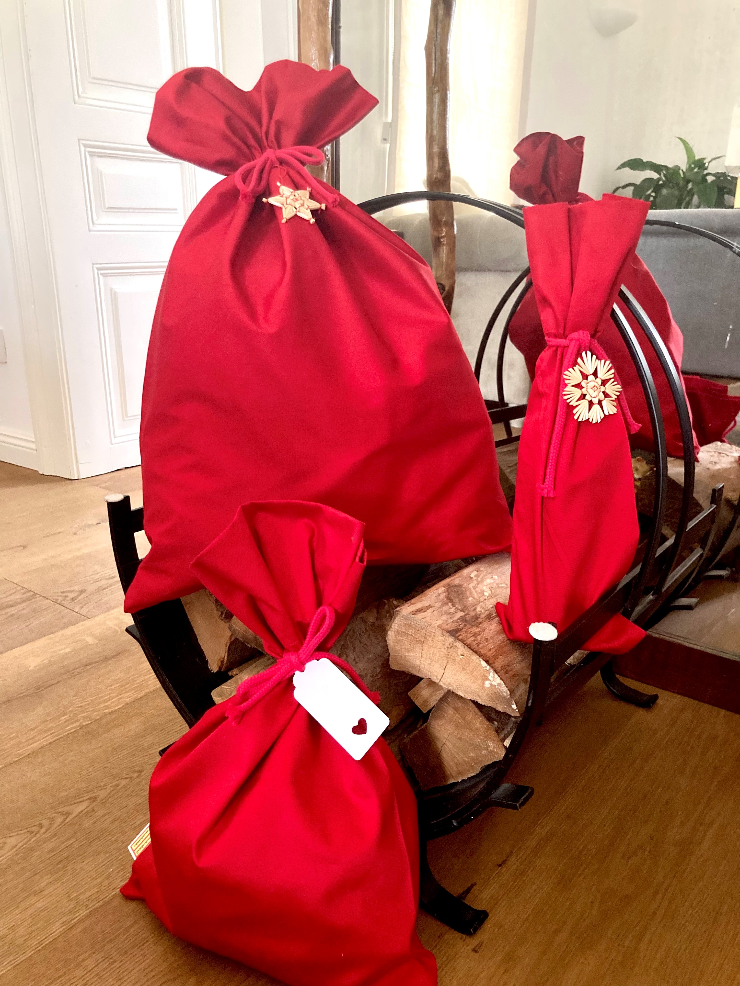 Weihnachten: Einfach Rote-Geschenkstoff-Säcke, XL & L & Flasche